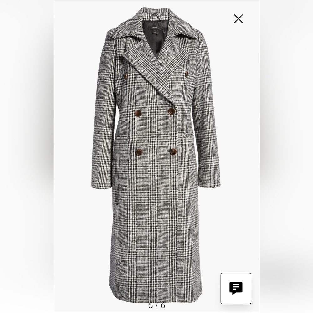 Halogen Tailored Double Breasted Long Plaid Coat